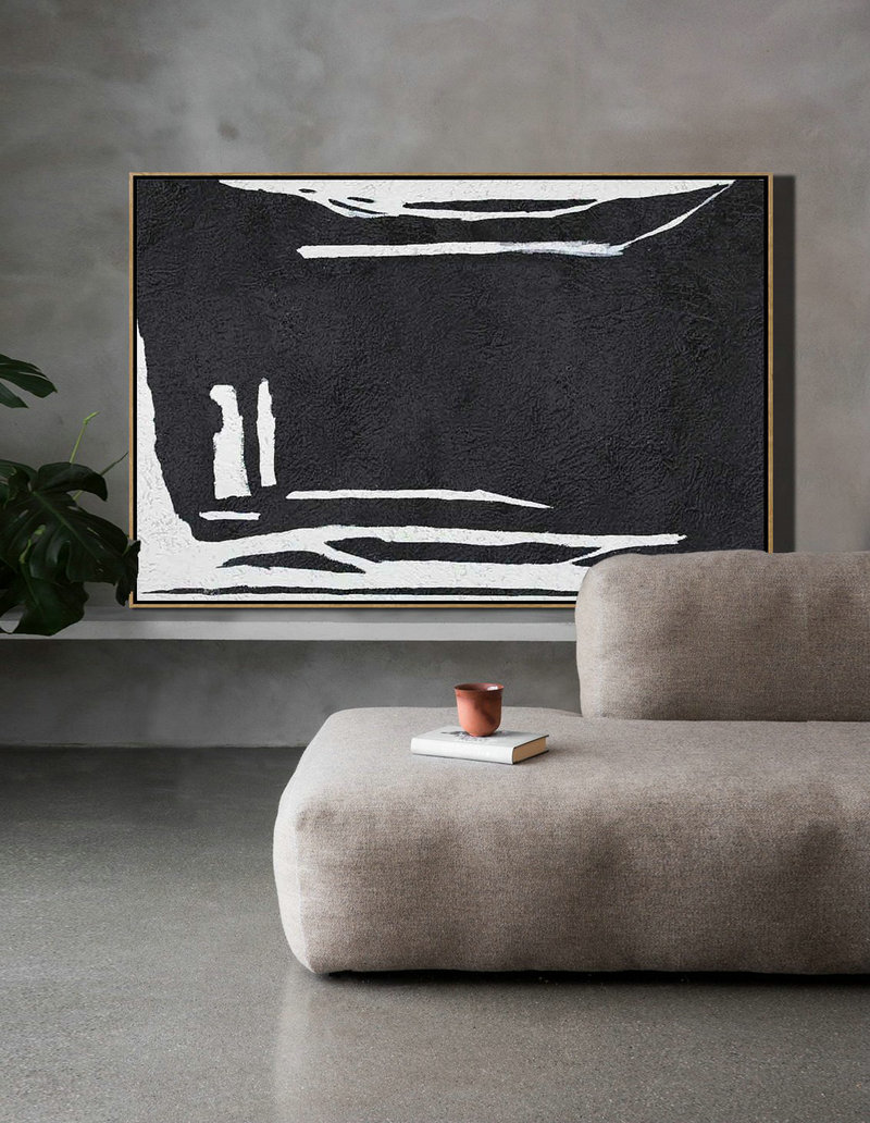 Modern Paintings On Canvas,Hand Painted Oversized Horizontal Minimal Art On Canvas, Black And White Minimalist Painting - Acrylic Painting On Canvas